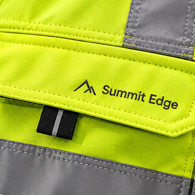 Close-up of a logo printed onto a high-vis jacket