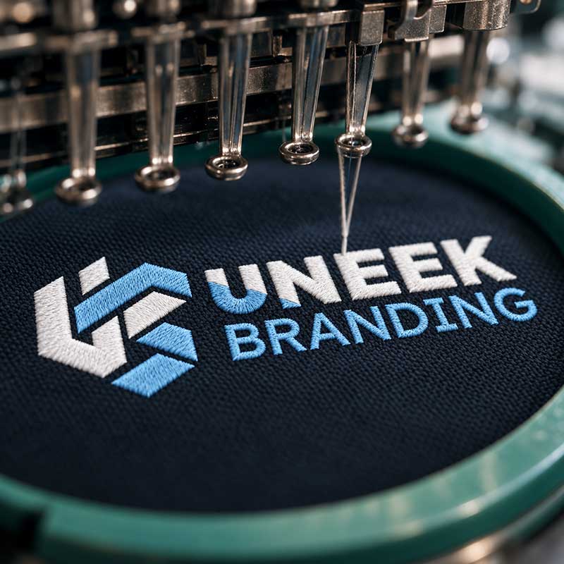 A logo being stitched onto a garment