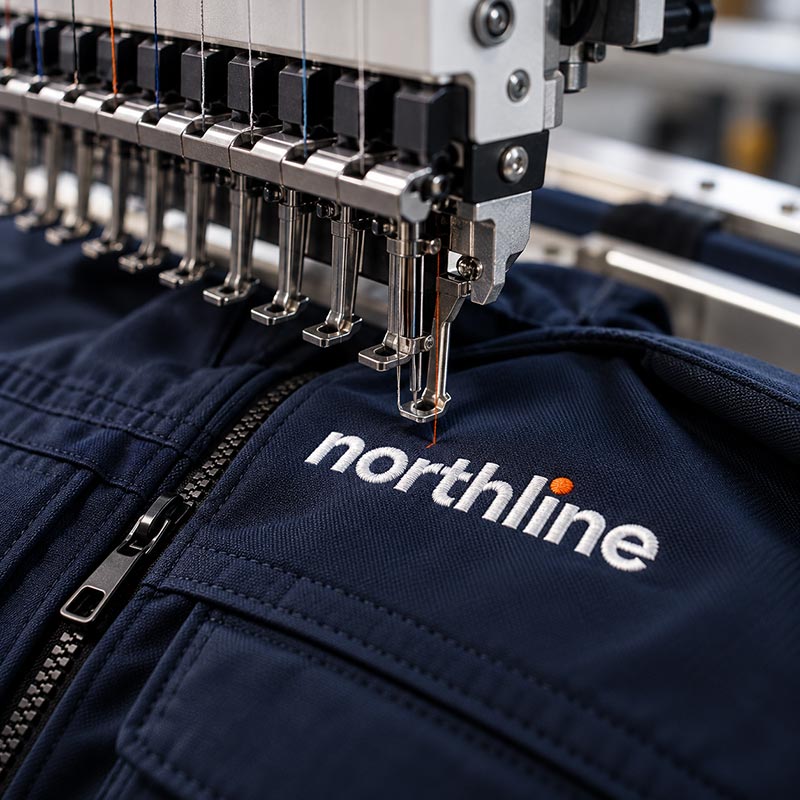 A Northline fleece being embroidered
